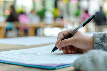 Student Taking Notes in Classroom Setting. Close-up of a student's hand writing detailed notes during a focused classroom lecture session.