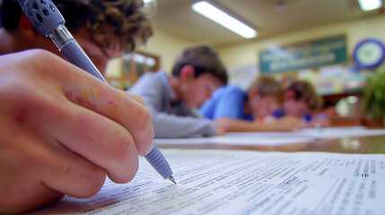 Student Taking Notes in Classroom Setting. Close-up of a student's hand writing detailed notes during a focused classroom lecture session.