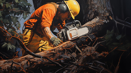 Emmanuel Macron using a chainsaw to cut wood, right next to a disused railway line. Dressed in full safety gear – helmet, protective glasses,