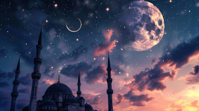 A lantern is placed on a wooden table with a beautiful background for the Muslim feast of the holy month of Ramadan Kareem. Eid ul Fiter, Eid ul Adha, Islamic wallpaper and background