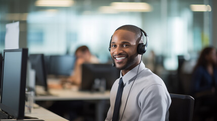
Within a vibrant call center office, a dedicated male operator wears a headset as he works diligently on his computer. With unwavering focus, he addresses customer inquiries and resolves issues, - obrazy, fototapety, plakaty
