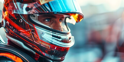 Racecar driver in helmet preparing for intense F competition on track. Concept Motorsport, Racing, Competition, Helmet, Intensity