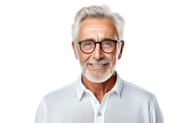 An older man wearing glasses and a white shirt stands in front of the camera, looking directly at the viewer. on a White or Clear Surface PNG Transparent Background.