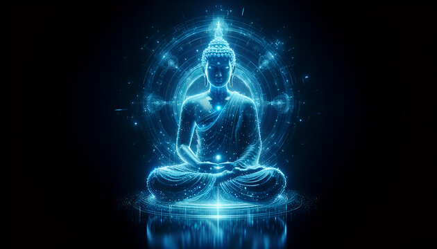Blue neon Buddha: A holographic depiction that brings a spiritual icon into the digital age with a calming presence.
Generative AI.