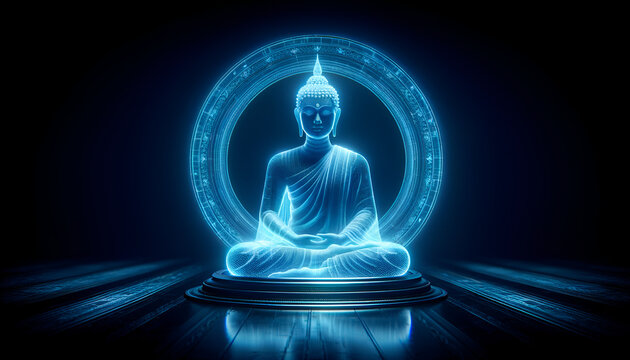 Blue neon Buddha: A holographic depiction that brings a spiritual icon into the digital age with a calming presence.
Generative AI.