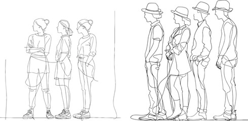 continuous line drawing of standing young team members