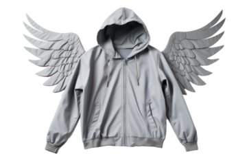 A photo of a gray jacket adorned with intricately designed wings, creating a unique and eye catching fashion statement. on a White or Clear Surface PNG Transparent Background.