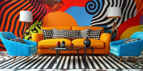 Living room interior design, Colorful pop art style background