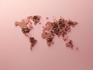 Creative flat lay coffee bean world map on pastel pink background, representing global coffee culture and trade