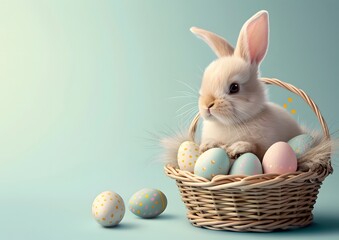 Rabbit Sitting in Basket With Easter Eggs