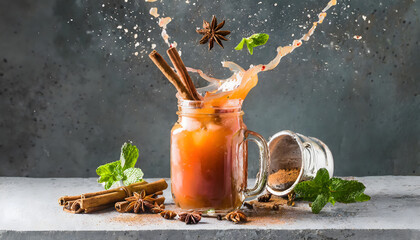  Cinnamon iced tea with splashing in a jar - obrazy, fototapety, plakaty