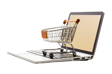 A shopping cart placed on the surface of a laptop computer. on a White or Clear Surface PNG Transparent Background.