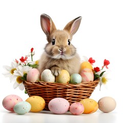Small Rabbit Sitting in Basket With Eggs
