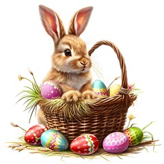 Small Rabbit Sitting in Basket With Eggs