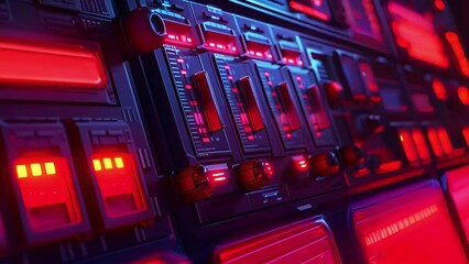 Closeup shot of an control panel with bright red lights and audible alarms signaling an urgent system alert that requires immediate action.
