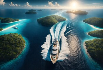 a luxurious yacht leaving a lush island - obrazy, fototapety, plakaty