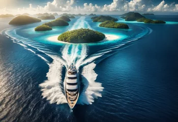 Zelfklevend Fotobehang a luxurious yacht leaving a lush island © Meeza