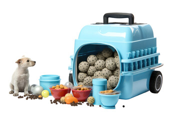 A dog sitting beside a blue litter box filled with food. on a White or Clear Surface PNG Transparent Background.