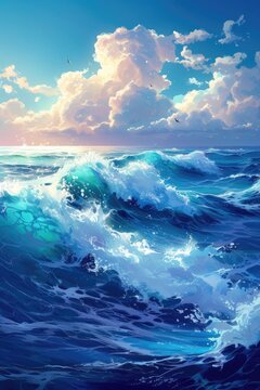 A Painting of the Ocean With Waves and Clouds