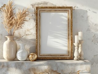 blank golden picture frame sitting on a shelf - art/poster mockup template