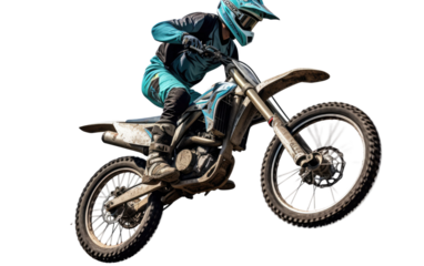 A person defying gravity as they ride a dirt bike through the air. on a White or Clear Surface PNG Transparent Background.