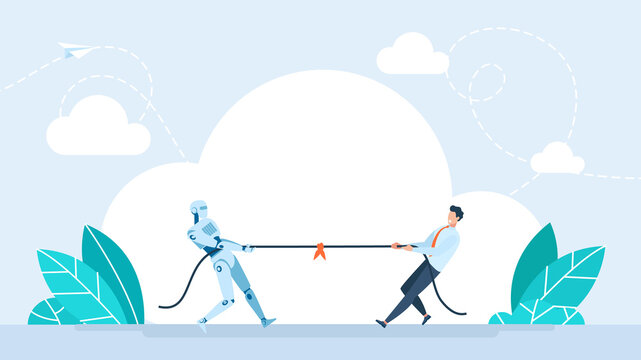 A man in business clothes is a tug of war with a robot. Businessman with robot are competing. Tug of war. A man versus a machine. Flat design. Isolated on a white background. Trendy illustration
