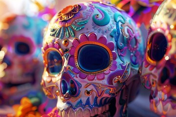 Intricately decorated Mexican sugar skulls with a bokeh light background, representing Dia de los Muertos.