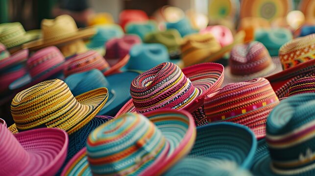 A traditional Mexican sombrero hat set against a backdrop of festive, multicolored bokeh lights.
