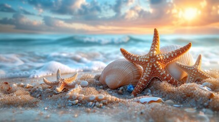 Two Starfish and Shells on the Beach at Sunset