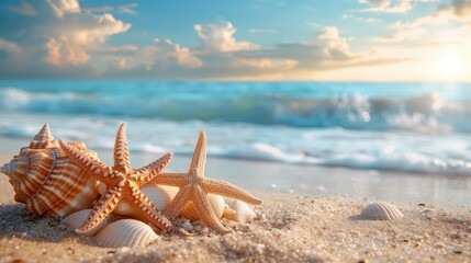 Fototapeta na wymiar Starfish and Shells on the Beach at Sunset