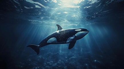 Orca Swimming Underwater in the Ocean - obrazy, fototapety, plakaty