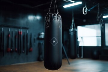 Ein schwarzer Boxsack in einem Fitnessstudio  - obrazy, fototapety, plakaty