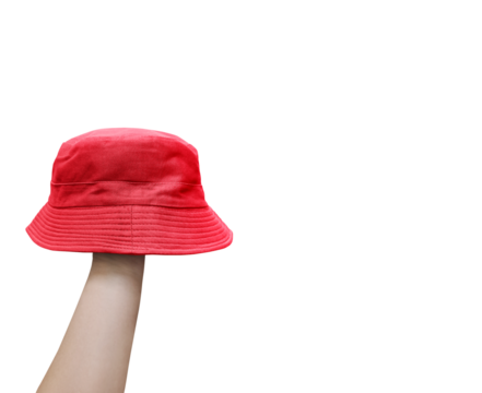 red bucket hat on man's hand PNG transparent
