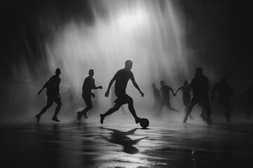 Team of soccer playing outdoor. Futsal competition black and white - obrazy, fototapety, plakaty