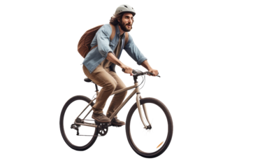 A photo capturing a man riding a bike while carrying a backpack. on a White or Clear Surface PNG Transparent Background.