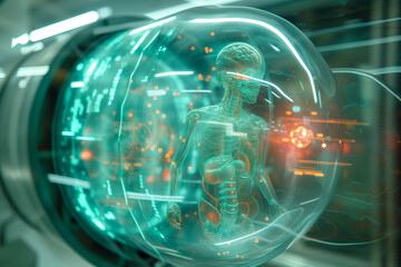 Green glass tube containing a metal skeleton with skull and glowing screen