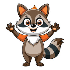 Vector friendly raccoon cartoon waving with both hands on white.