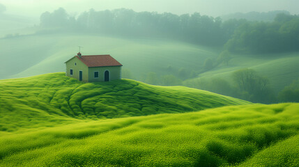 丘の上に小さな家のある、絵本のような風景