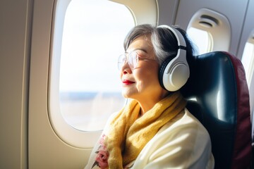 An old Asian woman wearing headphones flies on an airplane, sits near the window and listens to music.