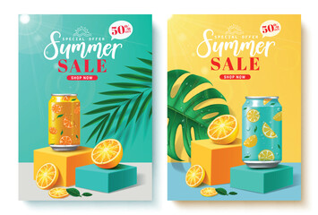 Summer sale text vector poster set. Summer sale special offer promo discount with soda drinks orange flavor in podium stage for tropical season product promotion. Vector illustration summer sale  - obrazy, fototapety, plakaty