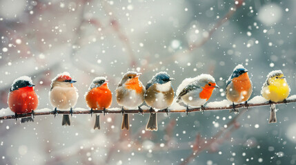 Winter postcard: a row of colorful little birds.