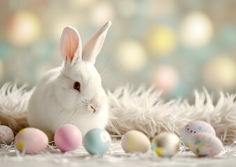 White Rabbit Sitting Next to Eggs