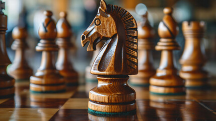 Wooden chess pieces, knights on the chessboard.