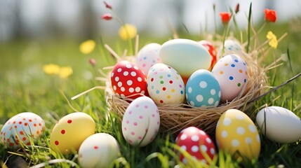 Fototapeta na wymiar Vibrant Hand-Painted Easter Eggs Nestled Amongst Lush Grass Under a Sunny Spring Sky