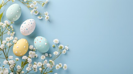 Blue Background With White Flowers and Easter Eggs.