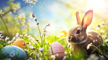 Bunny Sitting in Grass With Eggs