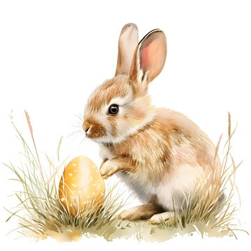 Watercolor Illustration of Easter Rabbit Beside a Golden Egg on White Background