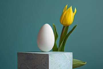 White Egg on Block Next to Yellow Tulip on Green Background