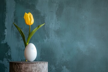 White Egg on Block Next to Yellow Tulip on Painted Blue Background