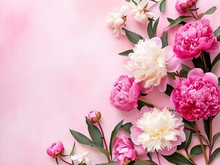 Fototapeta premium Vibrant Springtime Peony Display on a Pastel Pink Background for a Floral Banner